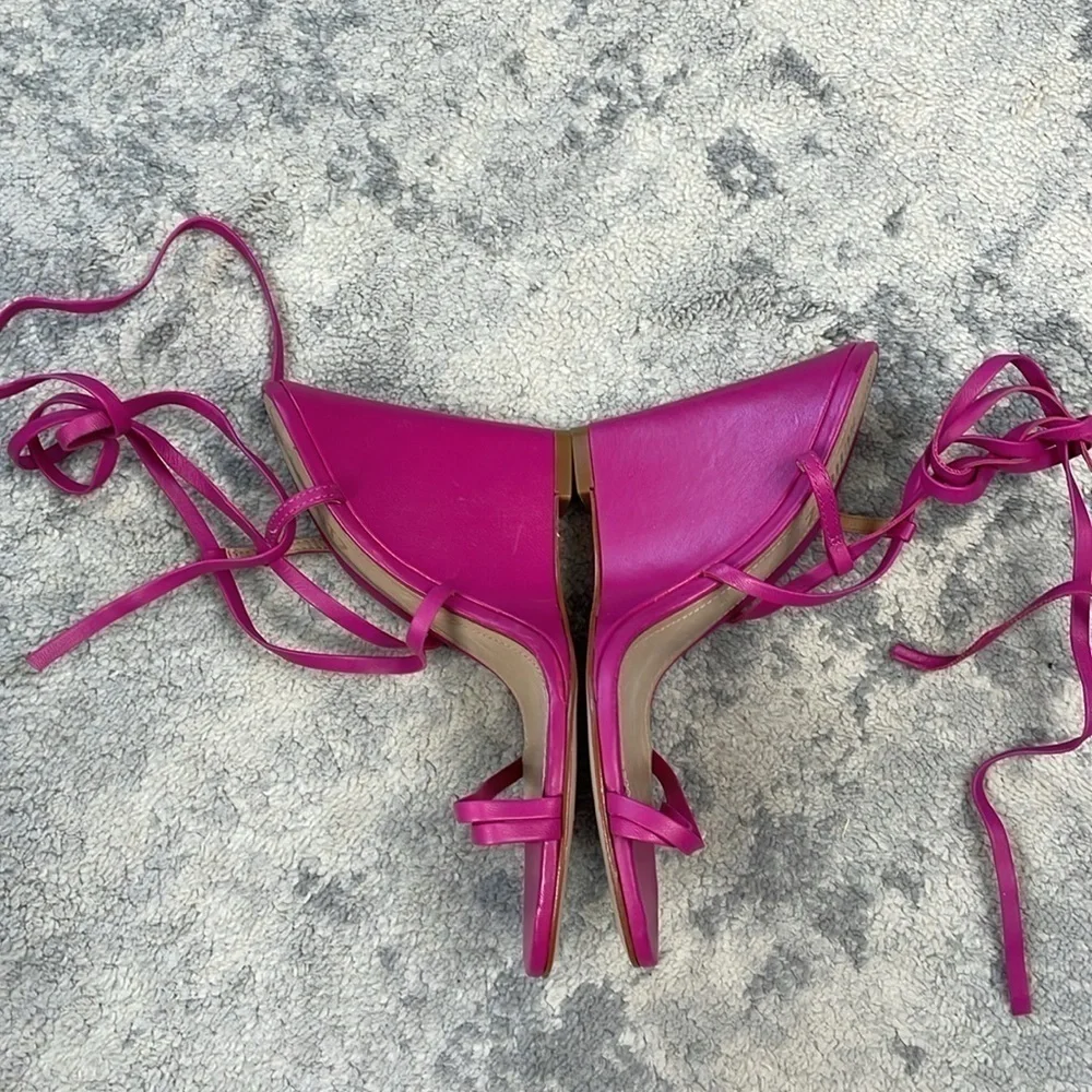 New Schutz Deonne Casual Nappa Leather Sandal Fuchsia Pink Wedge Wrap Sz 7